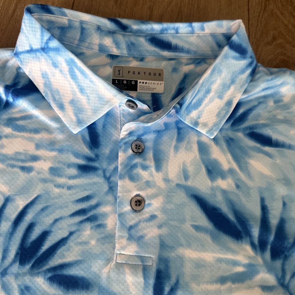PGA Tour Golf Shirt Men's SS Stretch Moisture Wick Blue Tropical UPF Large‎ NEW - Picture 3 of 8
